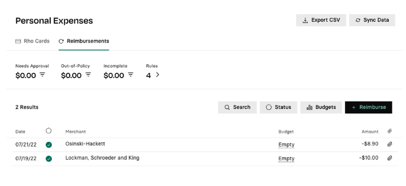 Expense report interface showing reimbursements with two entries. Amounts: -$8.90 and -$1.00. Options: Export CSV, Sync Data, Search, and Reimburse.
