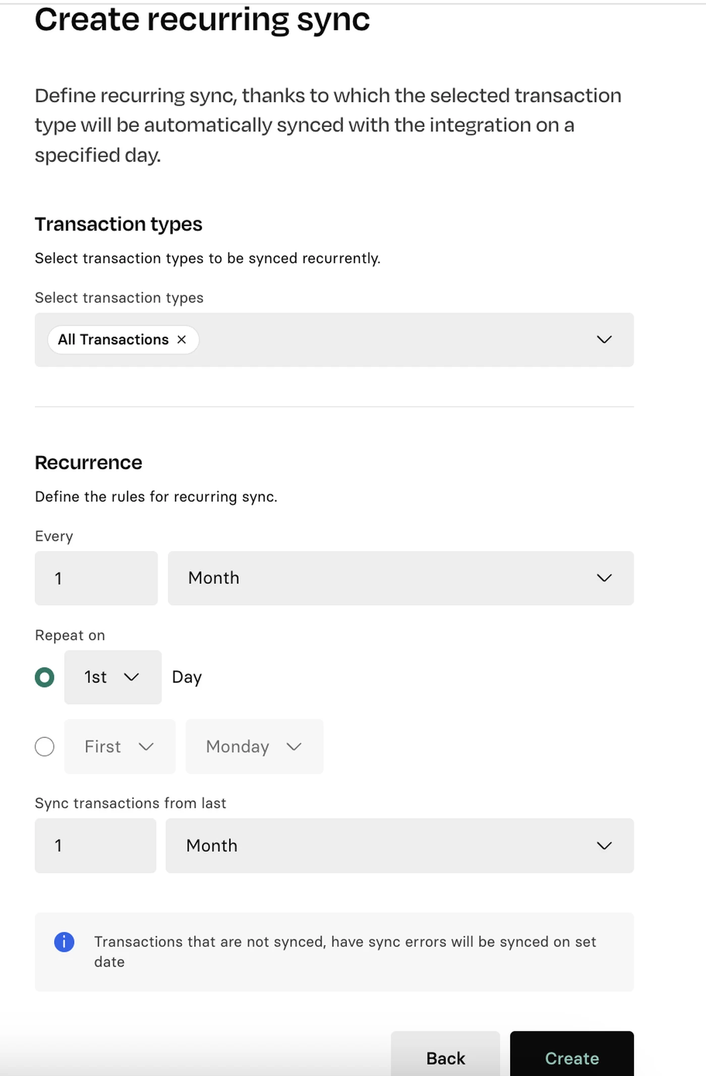 A window for "Create recurring sync" with transaction types, recurrence options, and an option to go back and create the recurring sync.