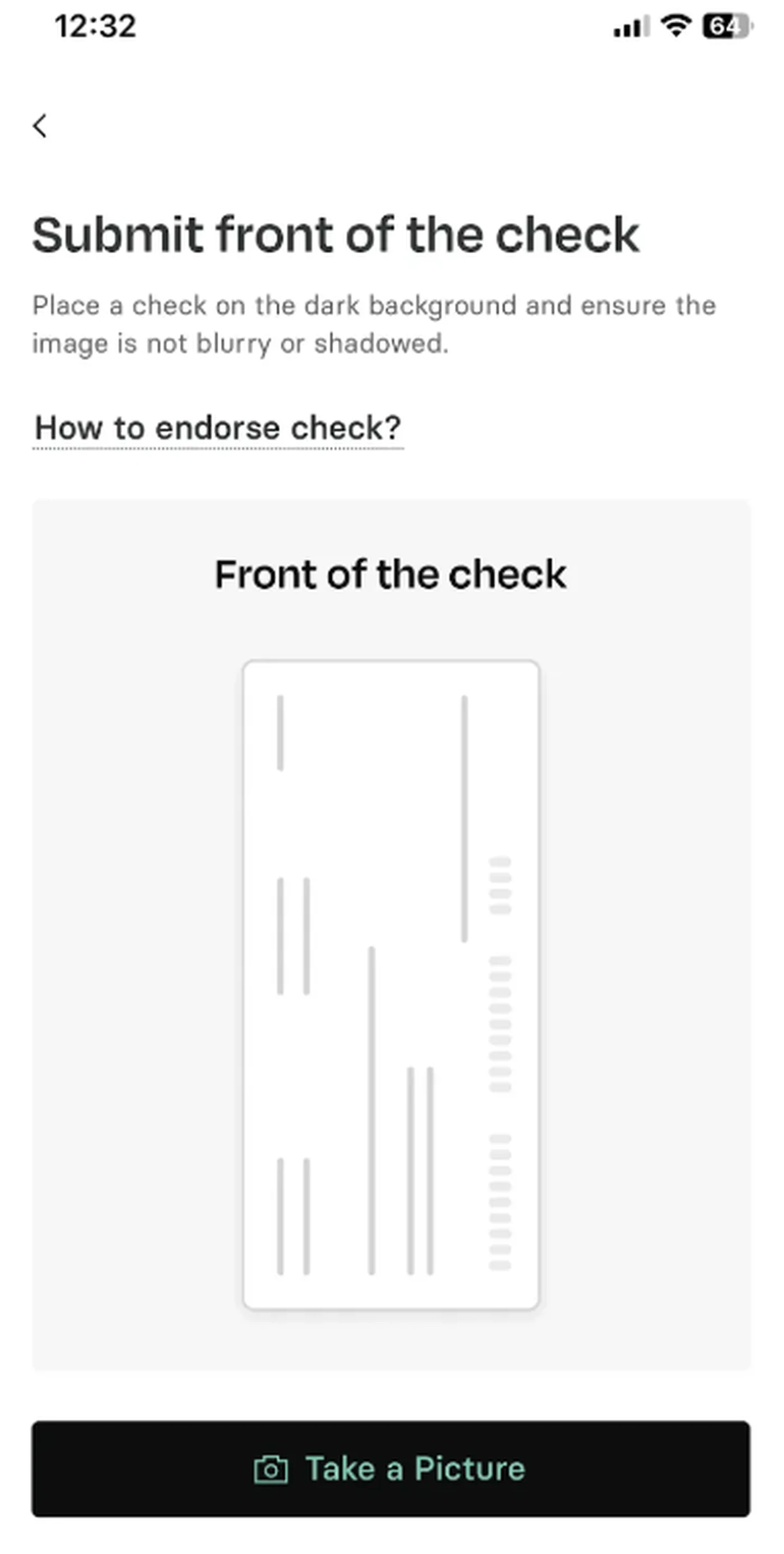 Mobile app screen showing instructions for submitting a check. Image of a check with "Front of the check" label and "Take a Picture" button.