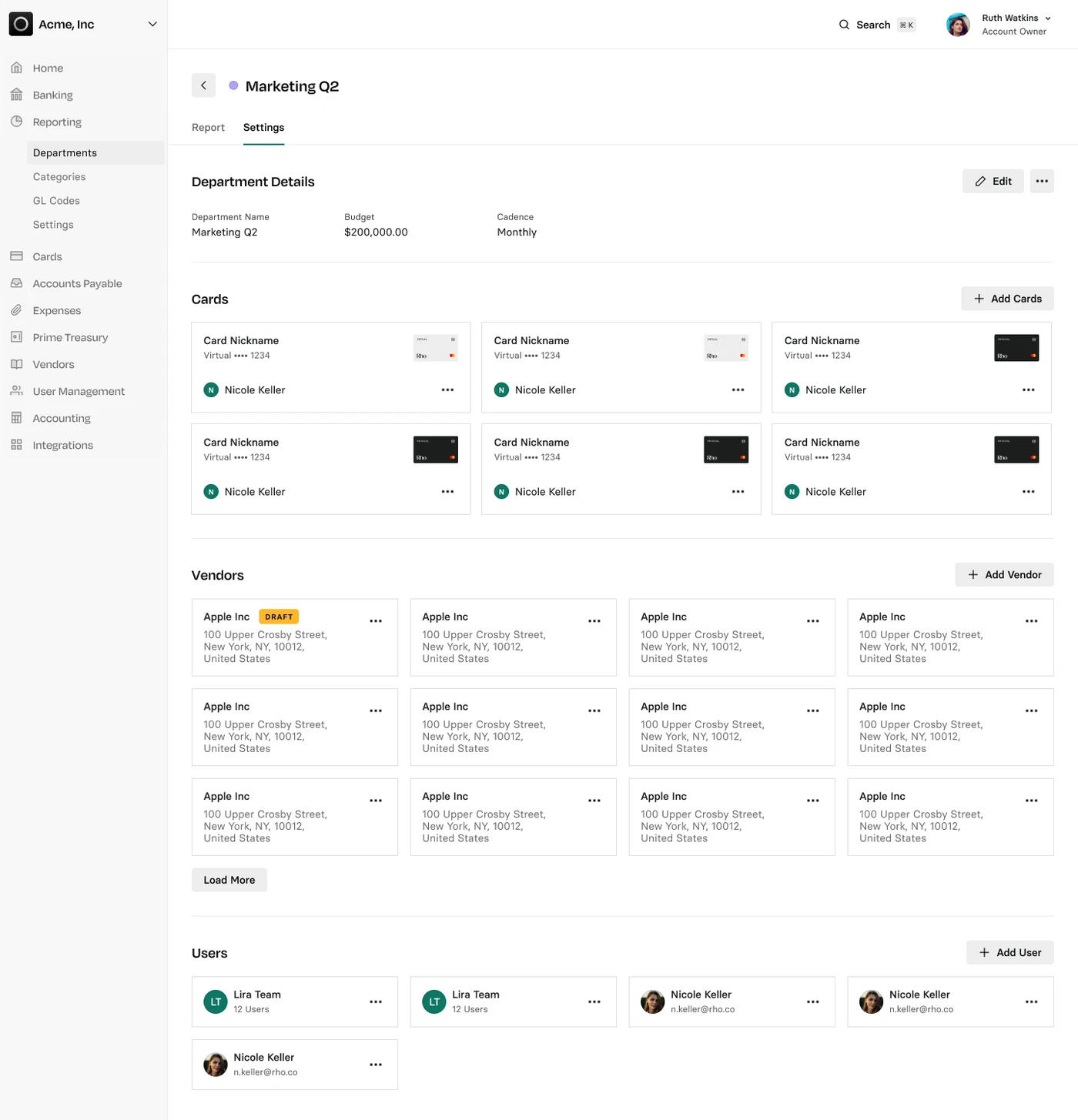 Dashboard displaying department details, budget, and cards. Sections for vendors and users with various names and icons are also visible.