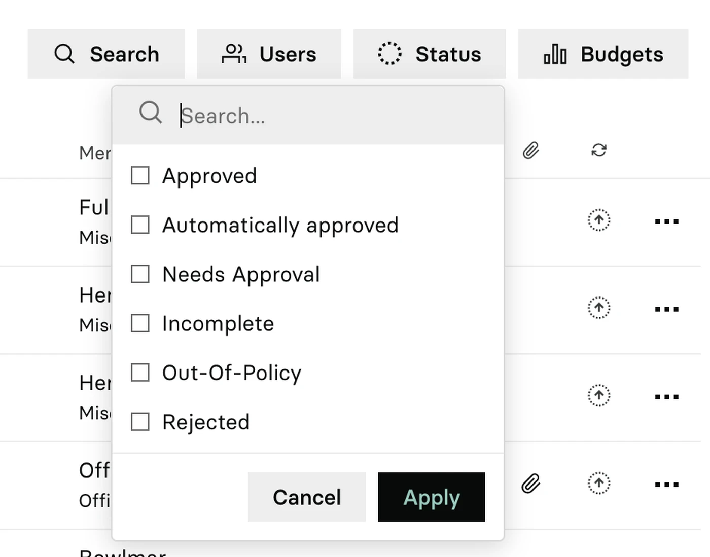 Dropdown menu with options: Approved, Automatically approved, Needs Approval, Incomplete, Out-Of-Policy, Rejected. Apply and Cancel buttons below.