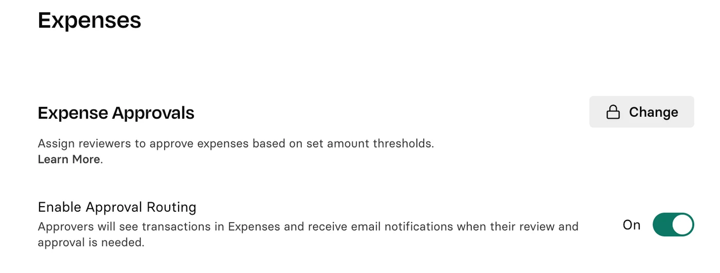 Settings page for expense approvals with options to change reviewers and enable approval routing, which is toggled on.
