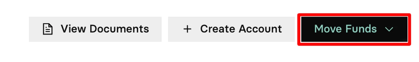 Menu options with icons: "View Documents," "Create Account," and "Move Funds" highlighted in red.