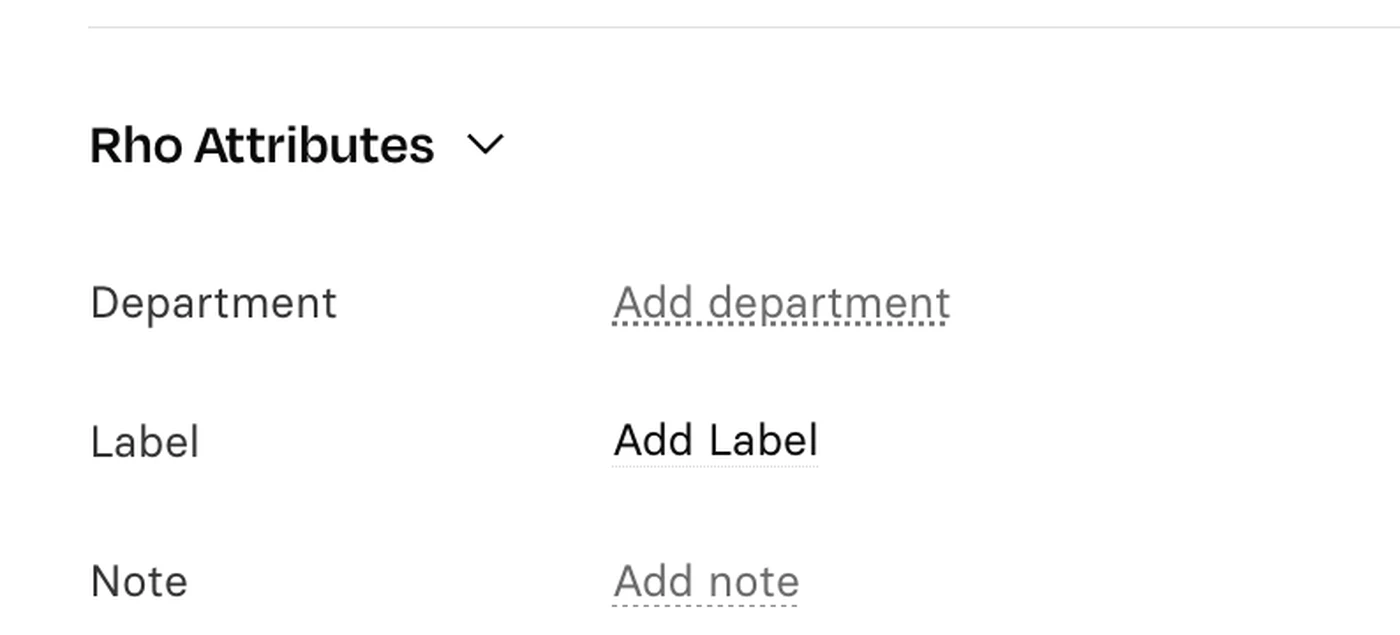 Form interface titled "Rho Attributes" with fields to add department, label, and note.