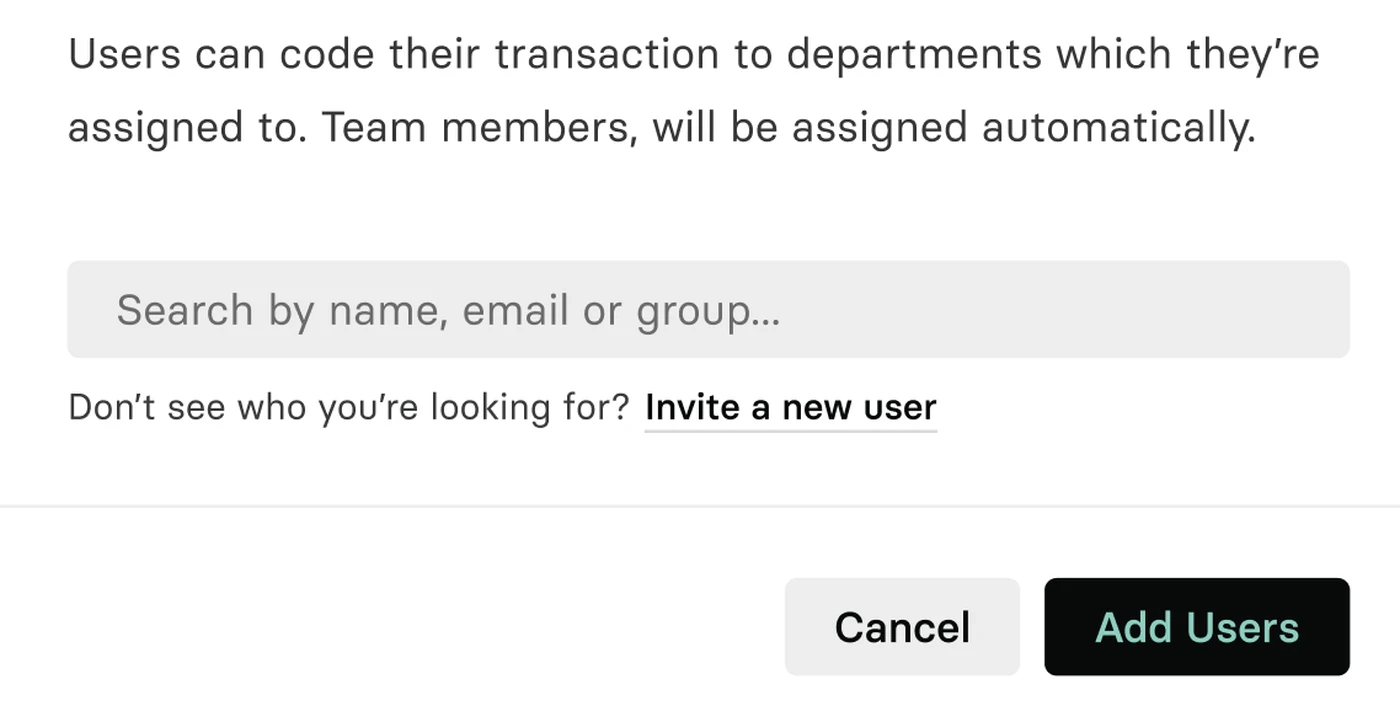 Interface for adding users, featuring a search bar and buttons labeled "Cancel" and "Add Users."