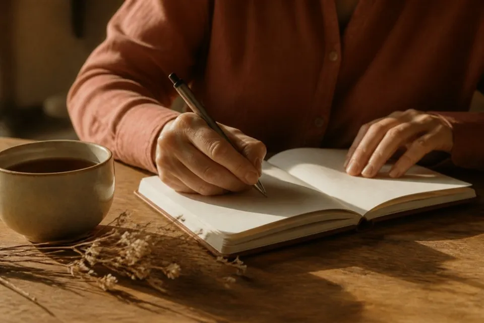 Hände schreiben in ein Notizbuch neben einer Tasse Tee im Morgenlicht