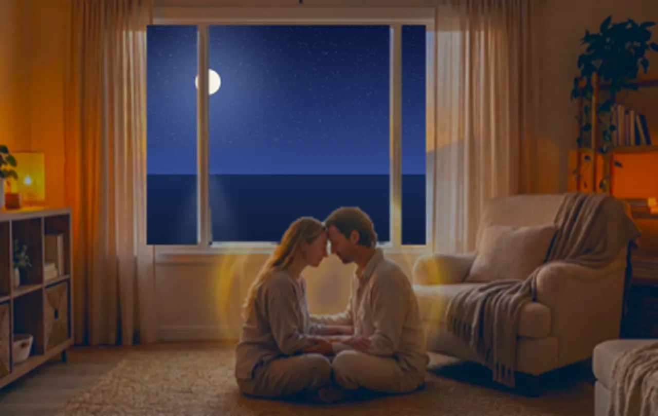 Ein Paar sitzt sich Stirn an Stirn gegenüber, draußen Nacht mit Mond über dem Meer
