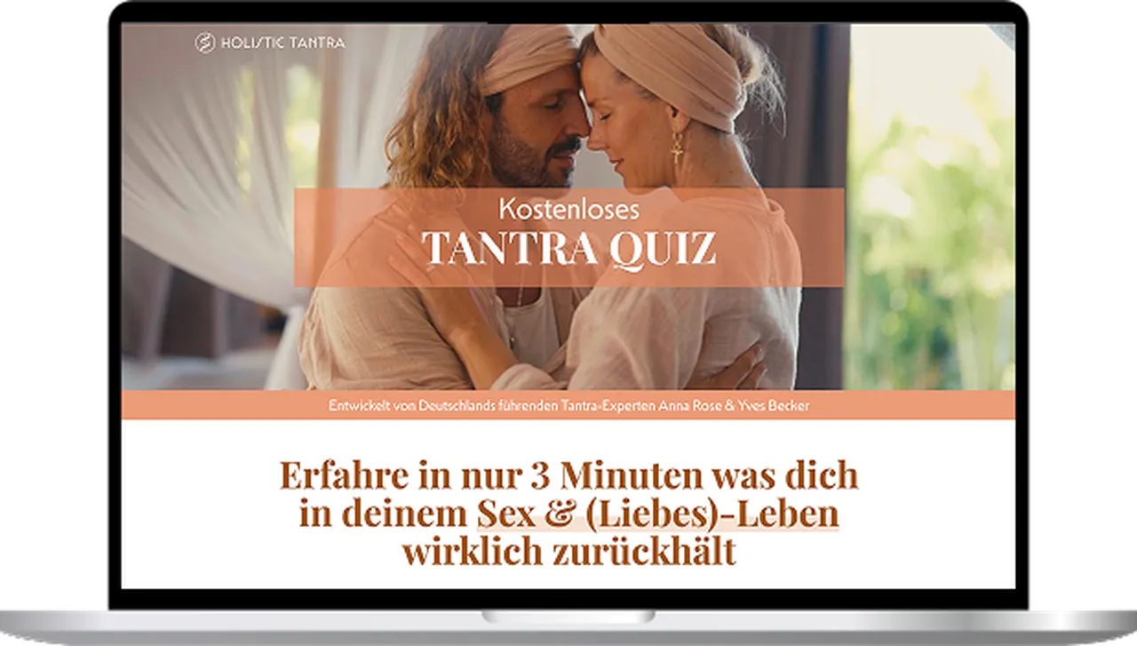Tantra-Lehrer Anna und Yves in weißer Kleidung auf Laptop-Bildschirm mit kostenlosem Tantra-Quiz