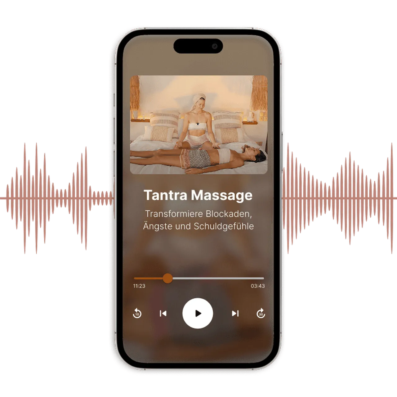Smartphone zeigt Tantra-Massage Audio-Anleitung mit Klangwellen im Hintergrund für geführte Tantra-Praxis