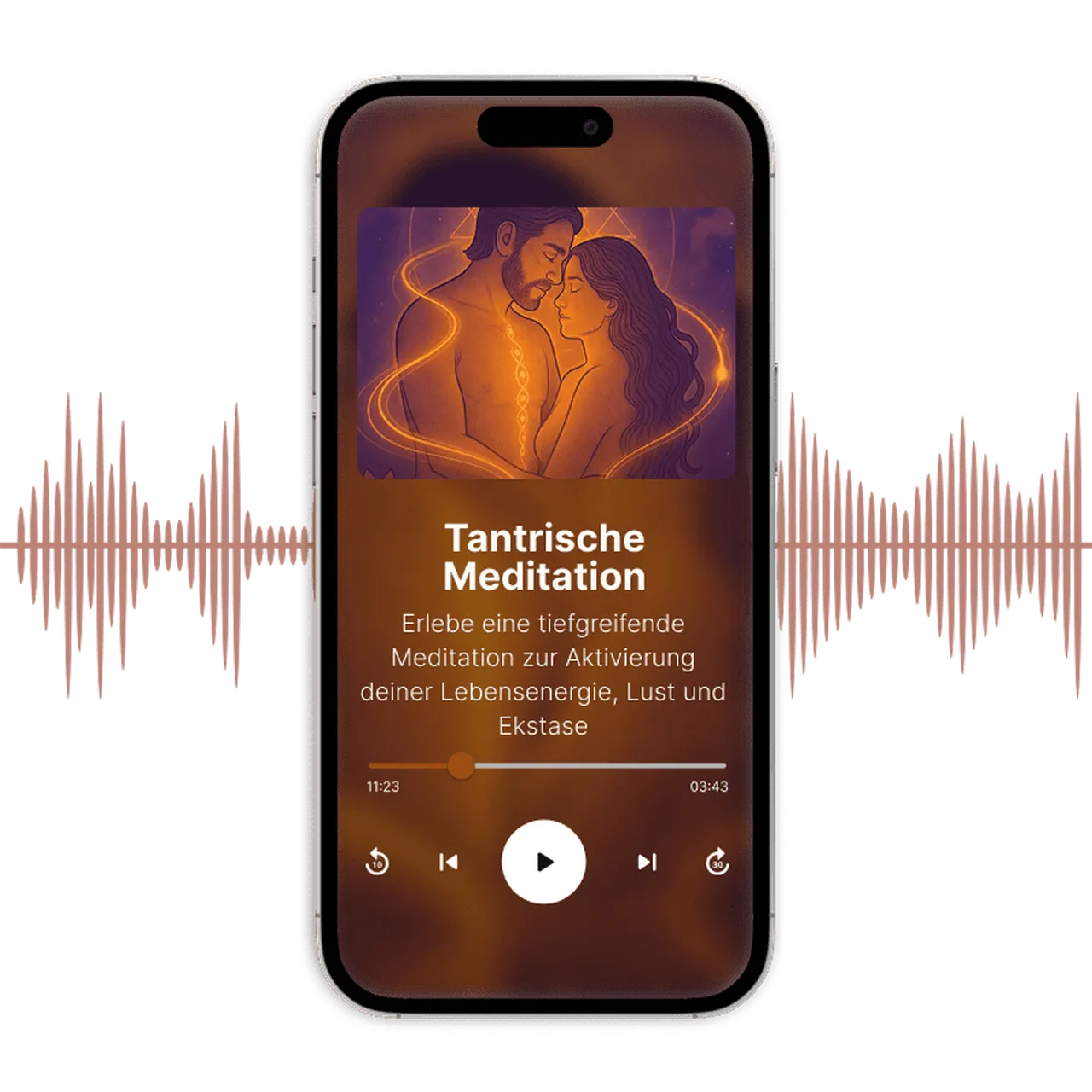 Smartphone zeigt Tantra-Meditations-App mit Paar-Illustration und Klangwellen, deutsche Tantra-Übungsanleitung für Paare