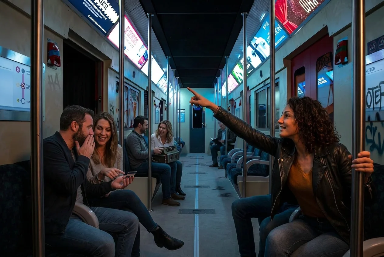 Players and an actor in a Gotham metro carriage during the immersive escape game The Joker in Paris