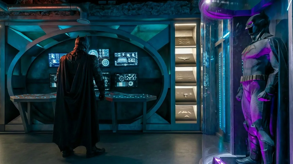 Décor de la Batcave avec Batman face aux écrans et costume exposé — escape game Batman immersif à Paris