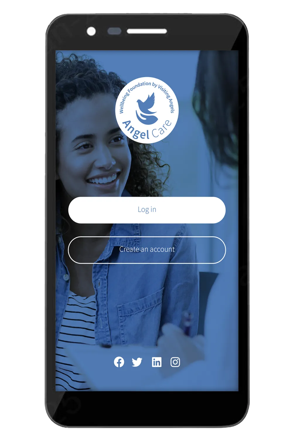 Smartphone displaying Angel Care app login screen with options to log in or create an account, featuring social media icons at the bottom.
