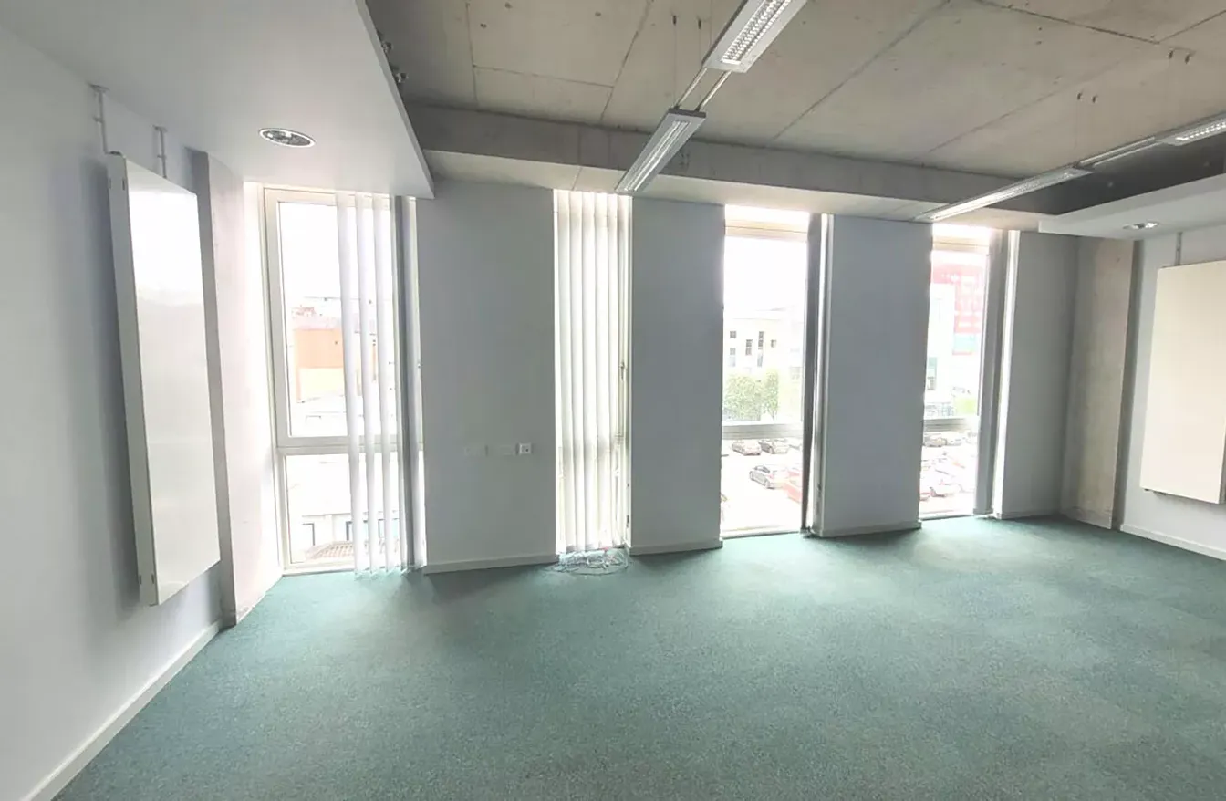 Bright office space with large windows, vertical blinds, and green carpet. Walls are white with a concrete ceiling and fluorescent lights.