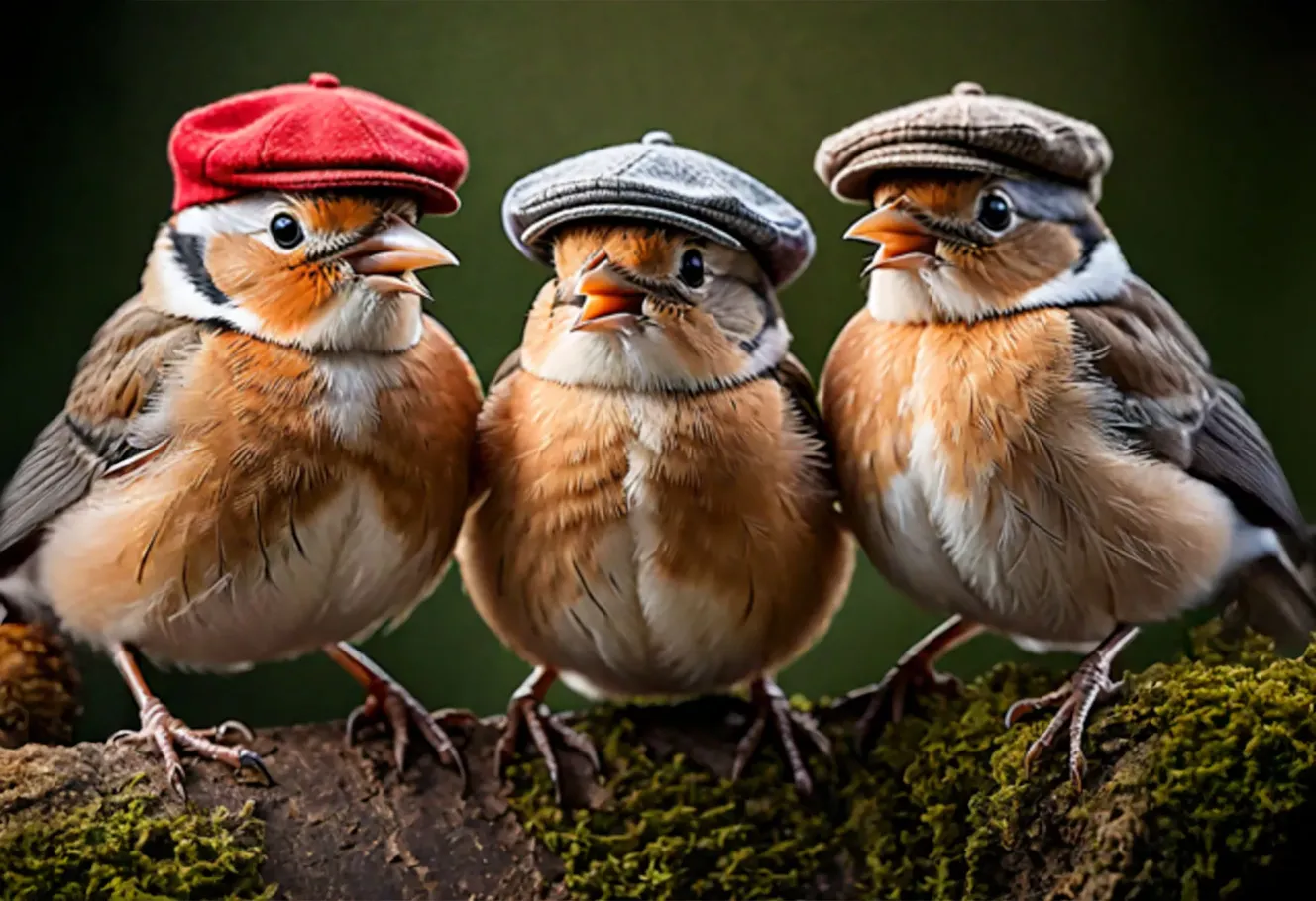 Three small birds perched on a mossy branch, each wearing a different colored flat cap: red, gray, and brown.
