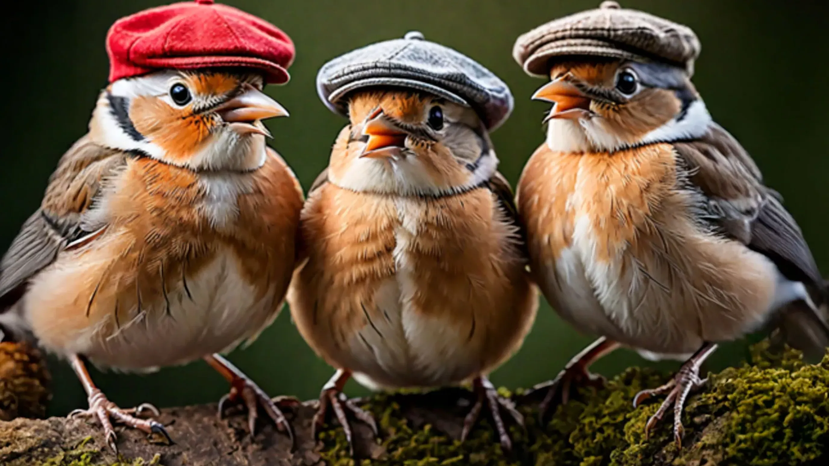 Three small birds perched on a mossy branch, each wearing a different colored flat cap: red, gray, and brown.
