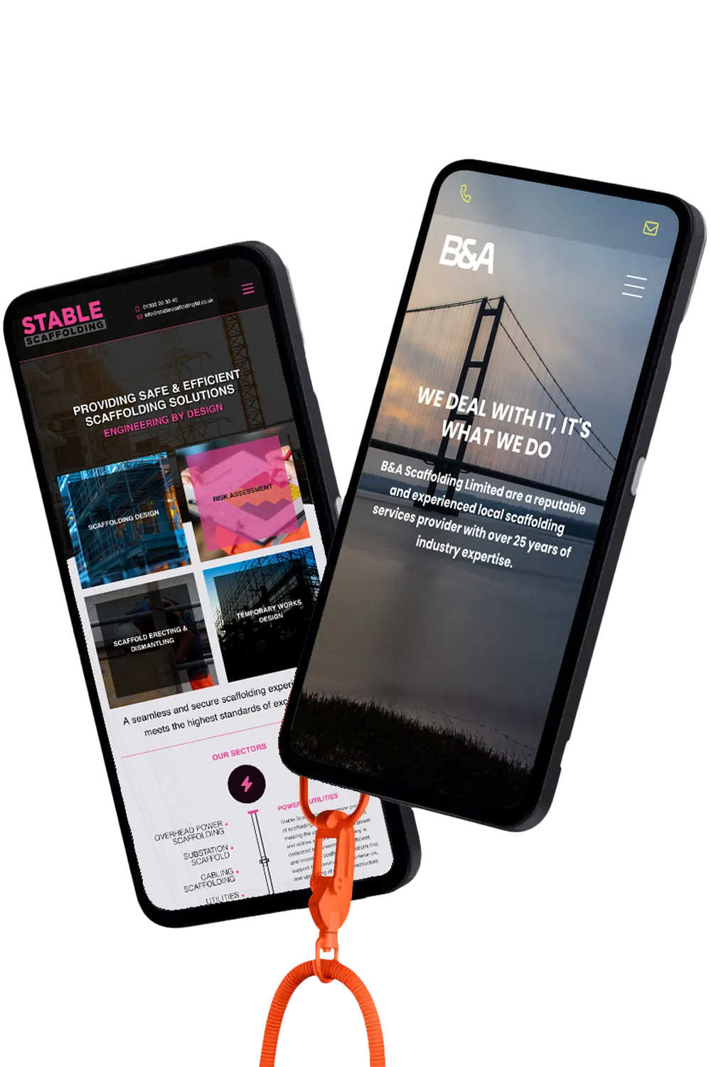 Two smartphones displaying websites for scaffolding companies, featuring branding and key information. An orange strap connects the devices.