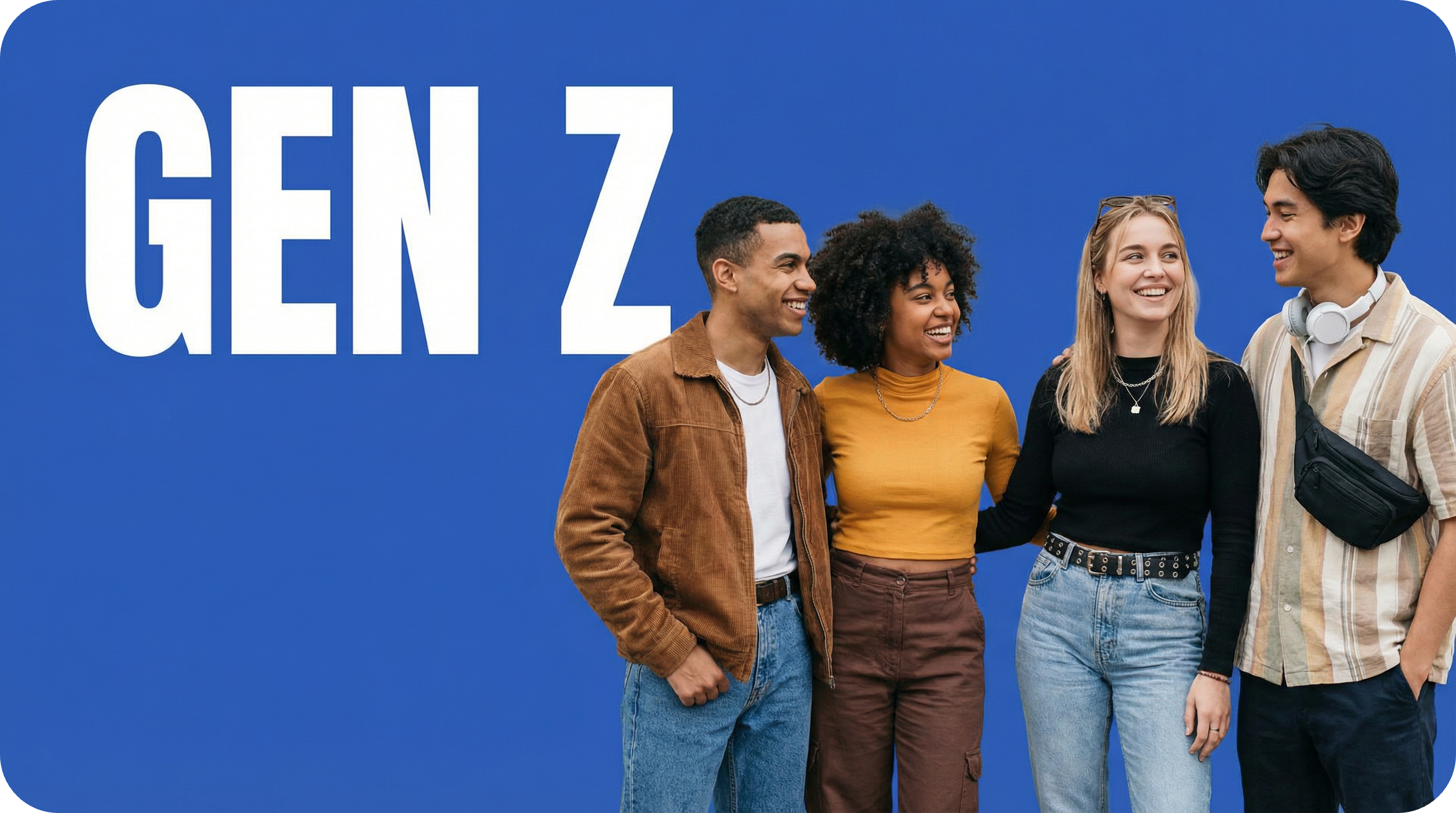 Groep jongeren uit Generatie Z die samen lachen en praten tegen blauwe achtergrond