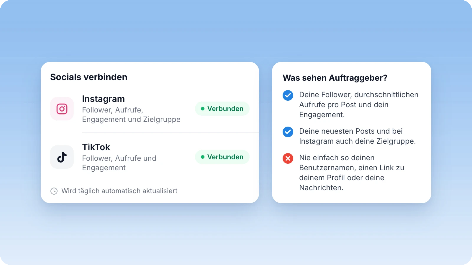 Socials verbinden mit verbundenem Instagram und TikTok und was Auftraggeber sehen Socials verbinden mit verbundenem Instagram und TikTok und was Auftraggeber sehen