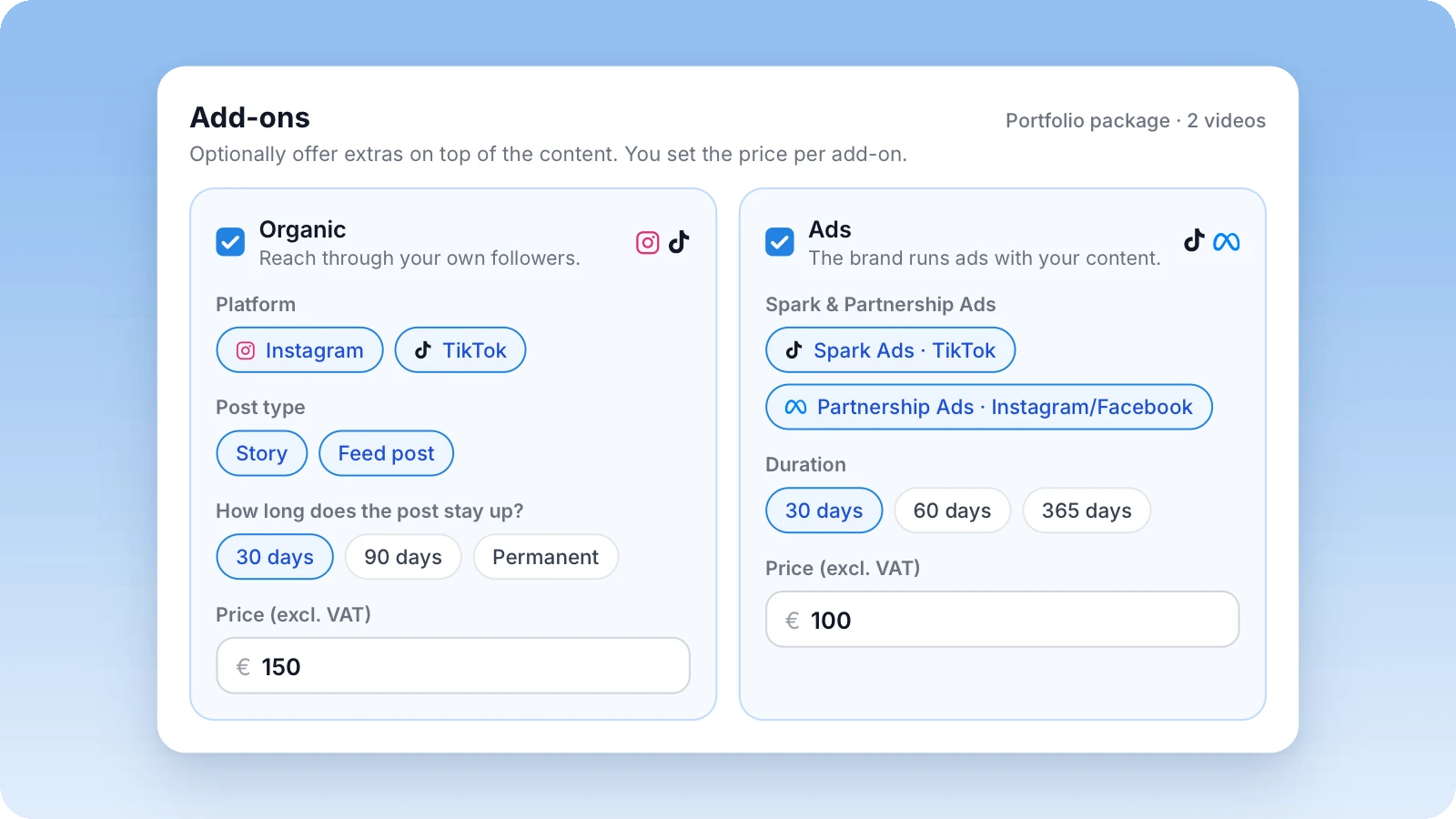 Add-ons in a portfolio package: Organic posts and Spark & Partnership Ads with duration and price Add-ons in a portfolio package: Organic posts and Spark & Partnership Ads with duration and price