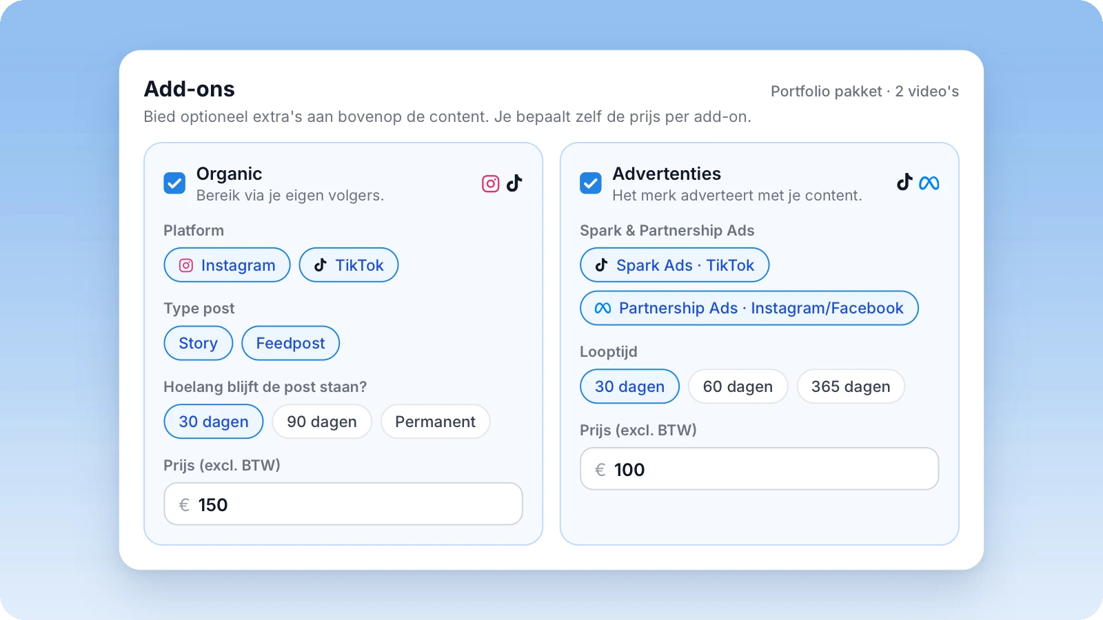 Add-ons in een portfolio pakket: Organic posts en Spark & Partnership Ads met looptijd en prijs Add-ons in een portfolio pakket: Organic posts en Spark & Partnership Ads met looptijd en prijs