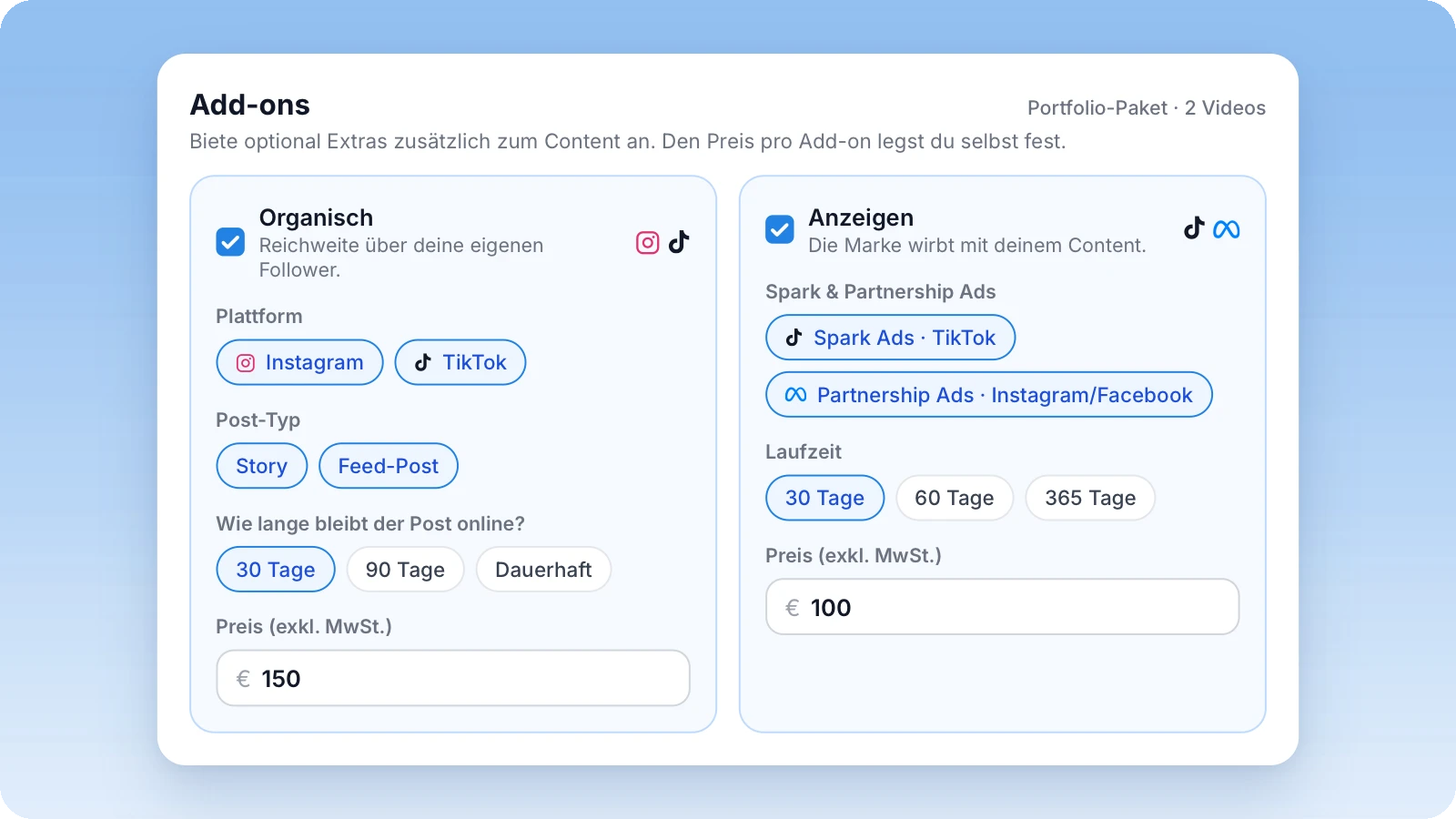 Add-ons in einem Portfolio-Paket: organische Posts und Spark & Partnership Ads mit Laufzeit und Preis Add-ons in einem Portfolio-Paket: organische Posts und Spark & Partnership Ads mit Laufzeit und Preis