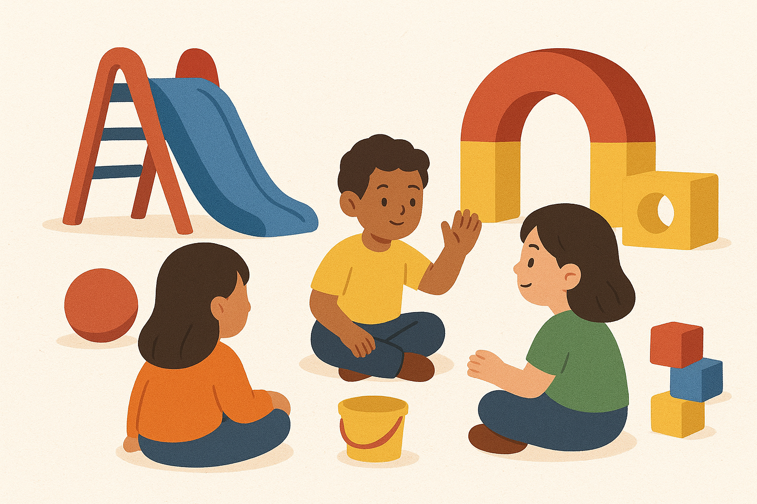 Three children sit and play together near a slide, blocks, and a ball, engaging in conversation and play in a colorful playground setting.