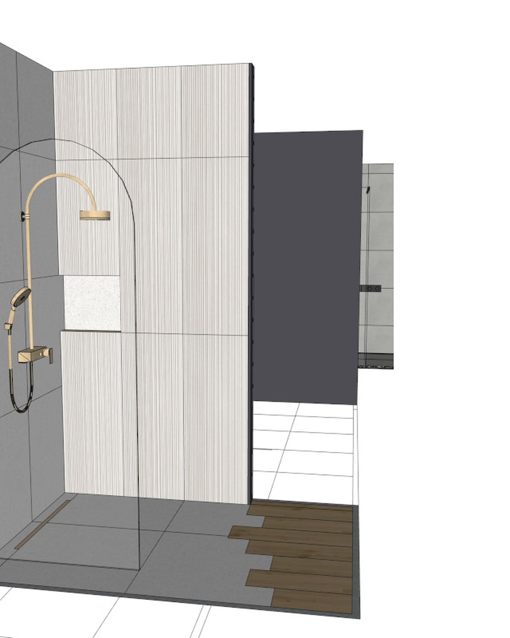 3D-rendering van een moderne douche met grijze tegels, gouden kranen en een houten vloerdeel.