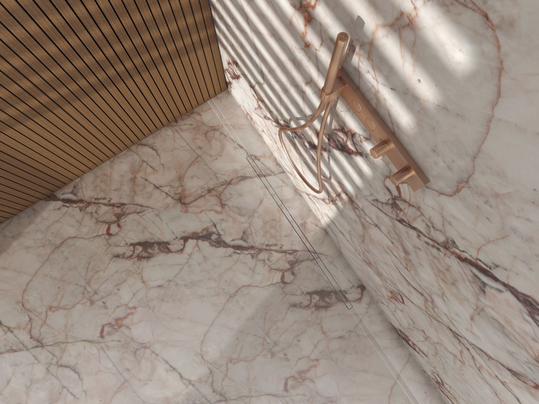 Modern bathroom with marble walls and floor, featuring a sleek, minimalist shower fixture. Sunlight casts striped shadows from a wooden slatted ceiling.