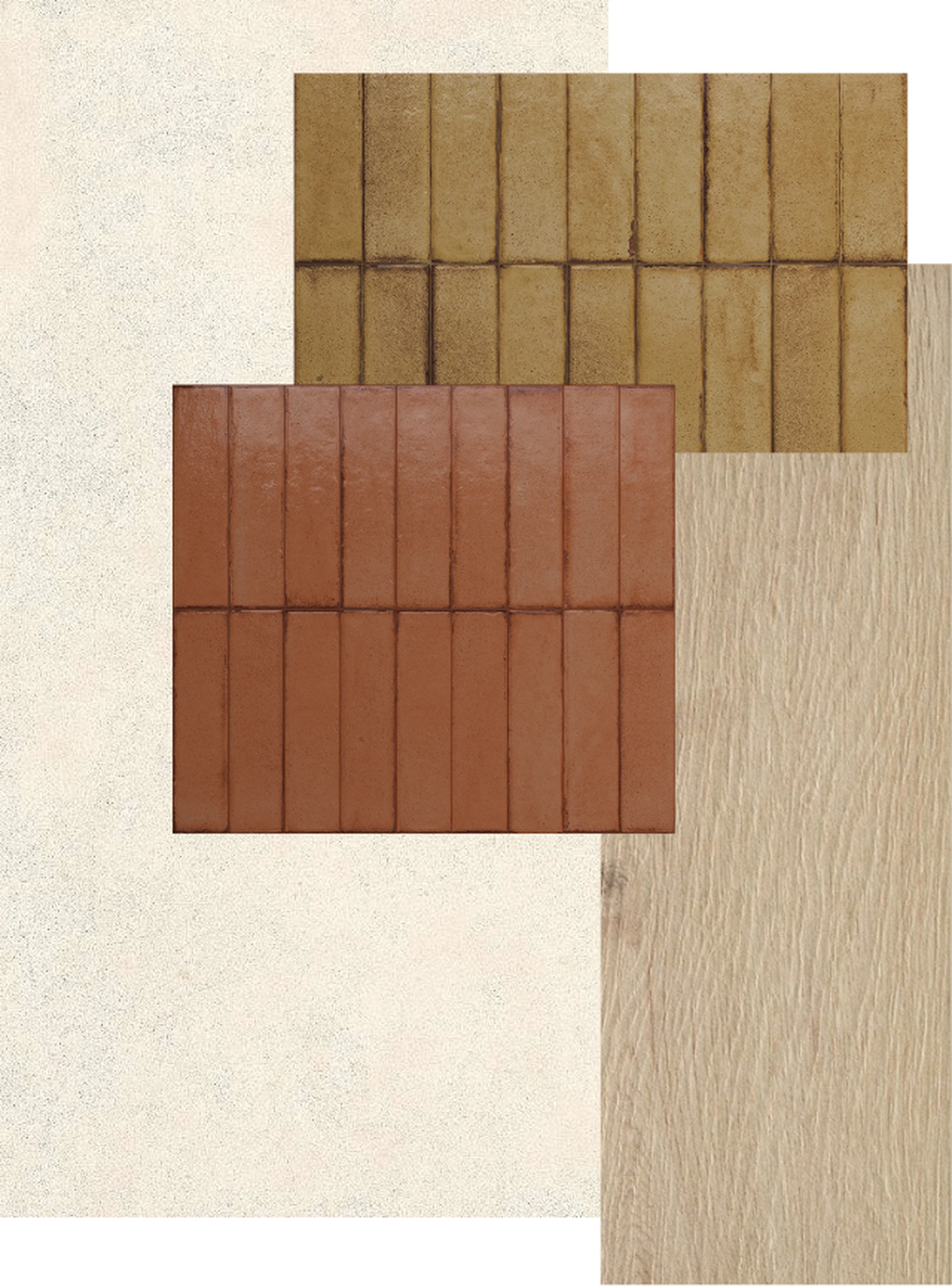 Kleuren- en materialencompositie met twee rechthoekige tegelstalen in warme aardetinten: een terracotta tegel op de voorgrond en een okergele tegel op de achtergrond. De stalen liggen op een lichte, warmwitte textuur naast een paneel van licht eikenhout, wat samen een natuurlijke en warme interieuruitstraling creëert.