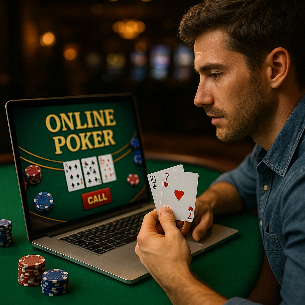 Man playing online poker on a laptop, holding a ten and two of hearts. Poker chips are stacked on a green table.
