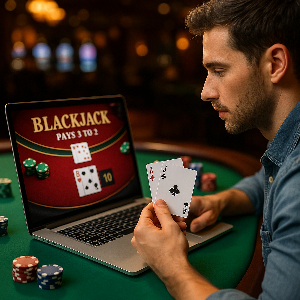 A man holding playing cards sits at a poker table with a laptop displaying a blackjack game. Poker chips are scattered on the table.