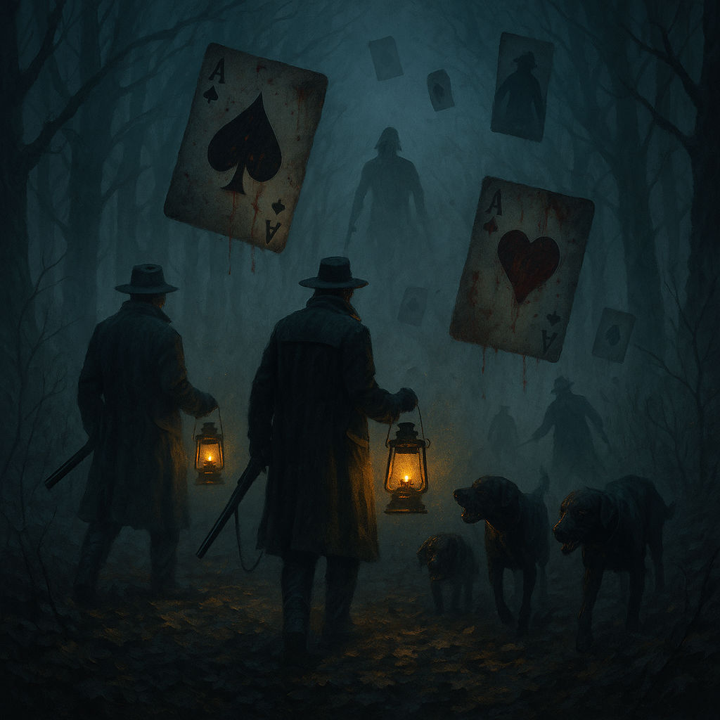 Two figures in coats and hats, holding lanterns, walk with dogs in a foggy forest. Giant playing cards with bloodstains hover above.