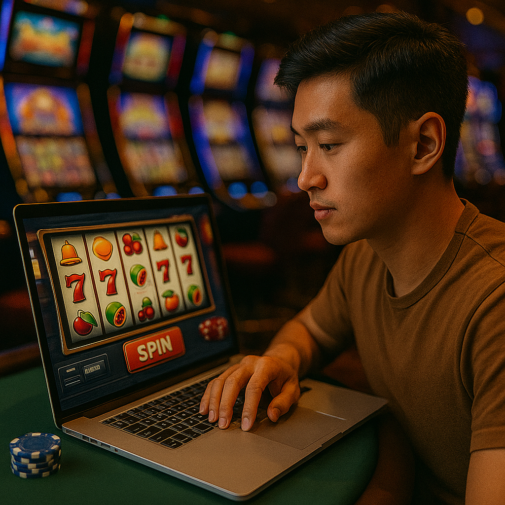 A person playing a slot machine game on a laptop at a casino, with poker chips nearby.