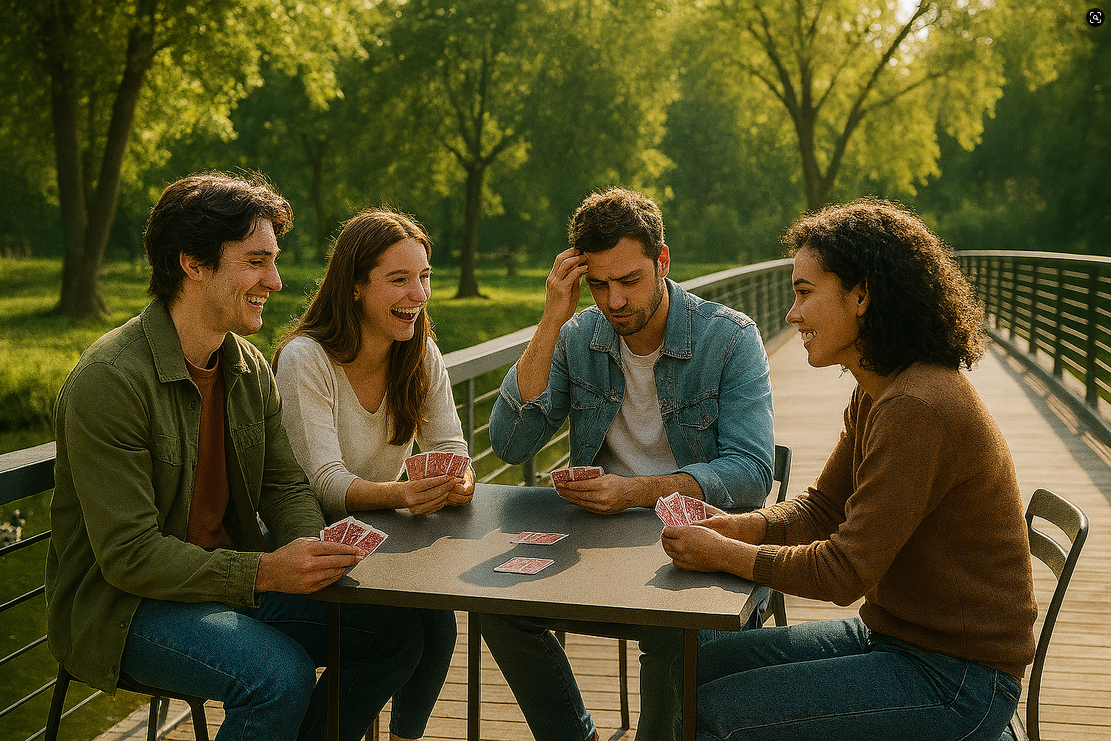Vier mensen zitten aan een tafel op een brug te kaarten en te lachen, omringd door weelderig groen.