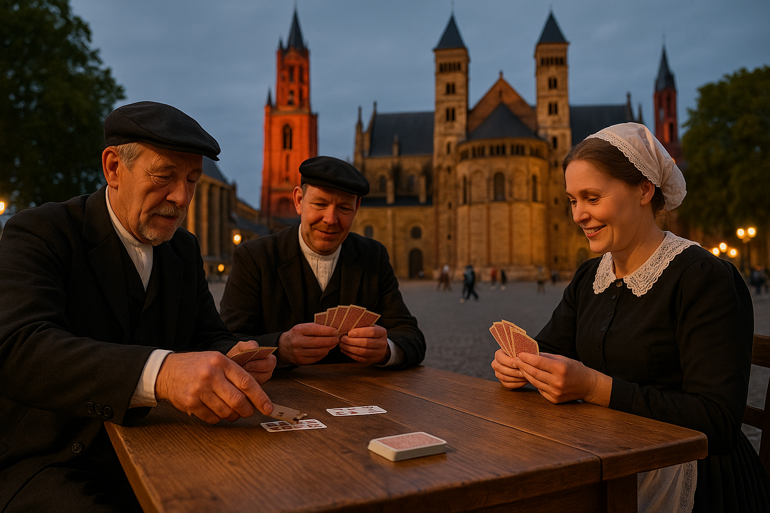 Three people in historical attire play cards at a wooden table outside a cathedral at dusk, with warm lighting highlighting the scene.