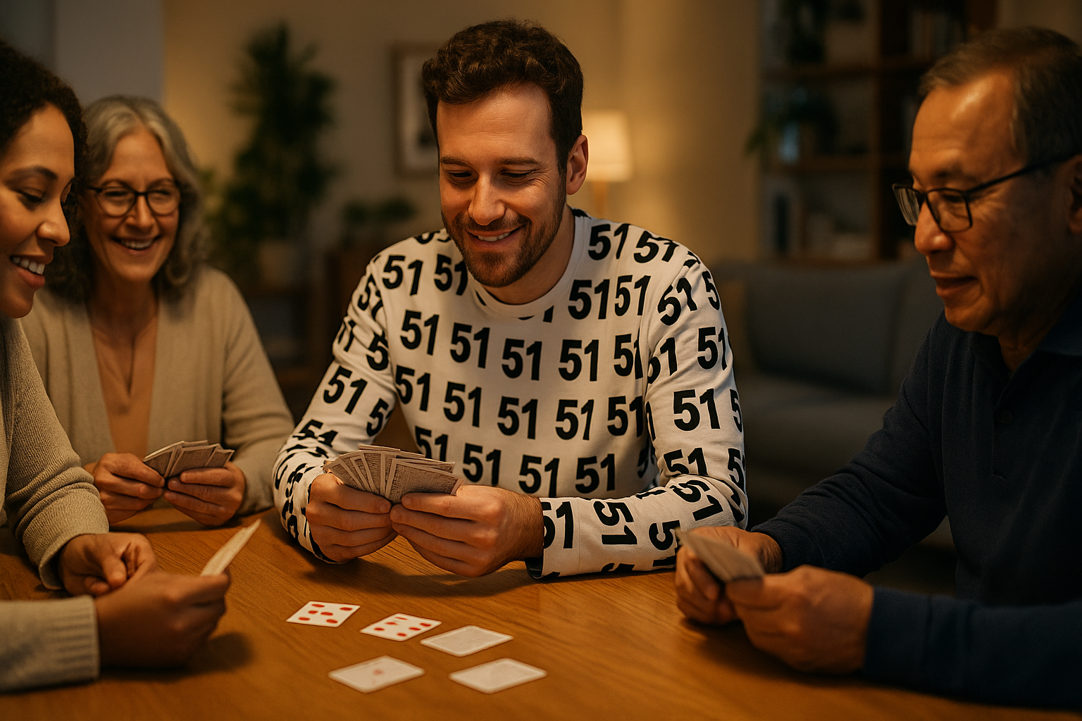 Four people sitting around a table, smiling and playing cards in a warmly lit room.