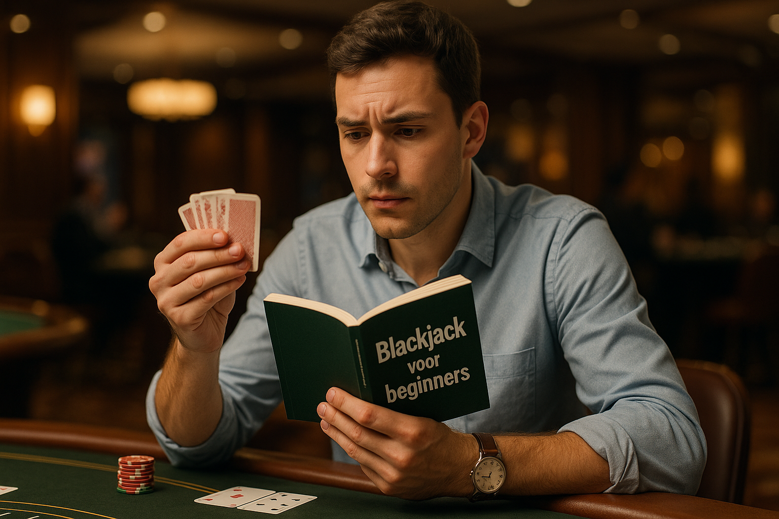 A man in a casino intently reads a "Blackjack for Beginners" book while holding playing cards, surrounded by poker chips on a table.