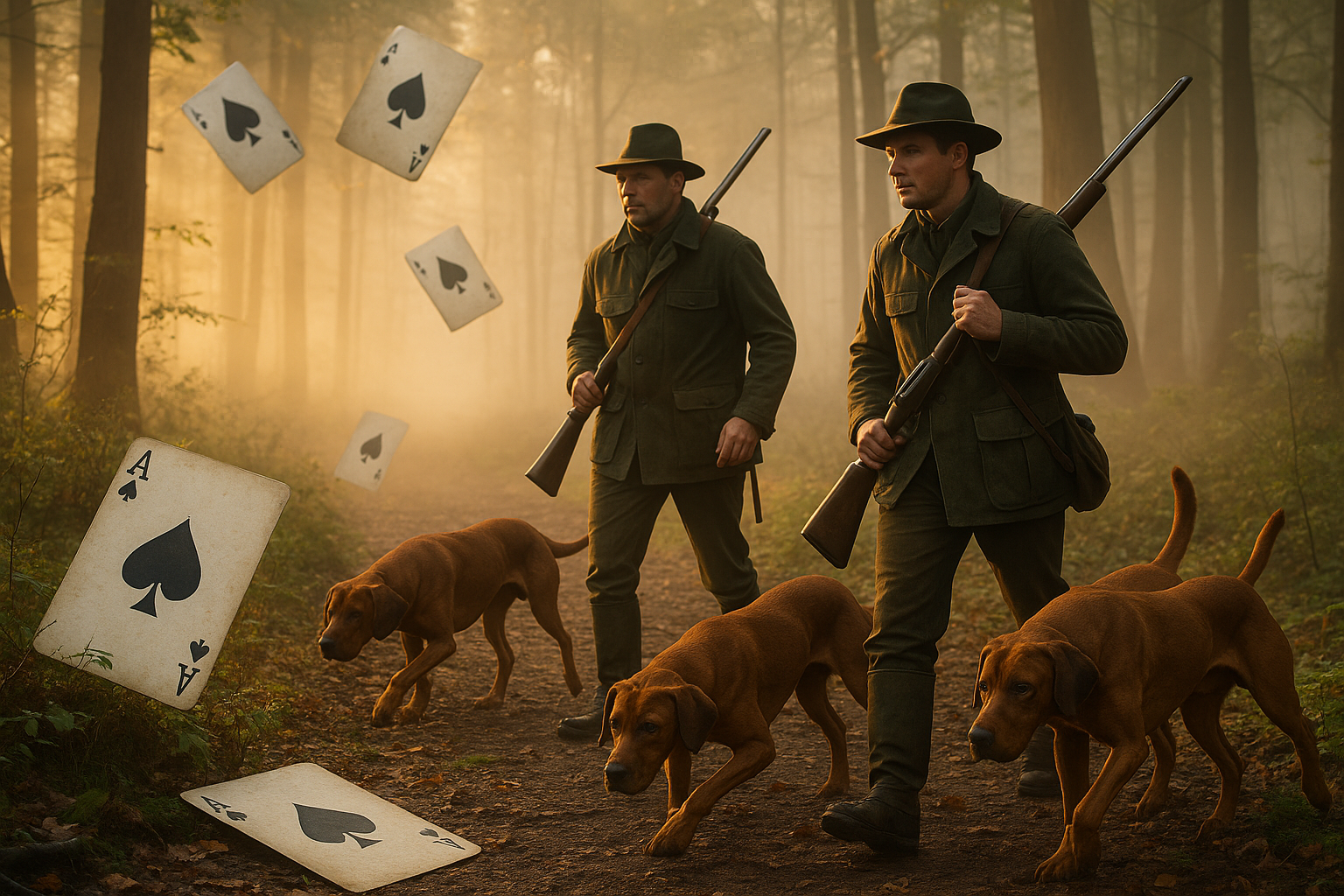 Two hunters with rifles and dogs walk through a misty forest, with playing cards, including aces, floating around them.