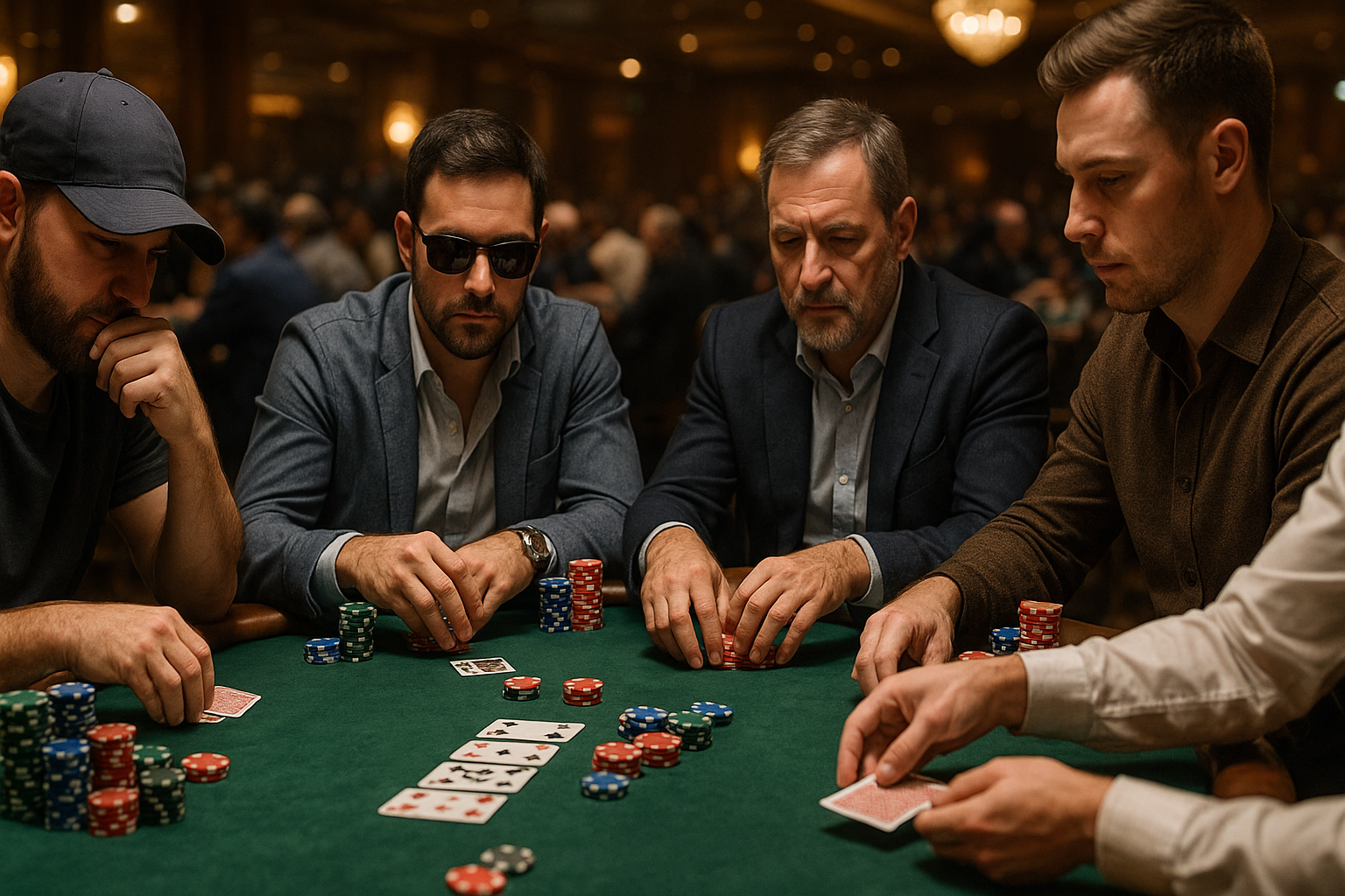 Four men playing poker at a casino table, focused on their cards and chips, with a blurred background of other players and dim lighting.