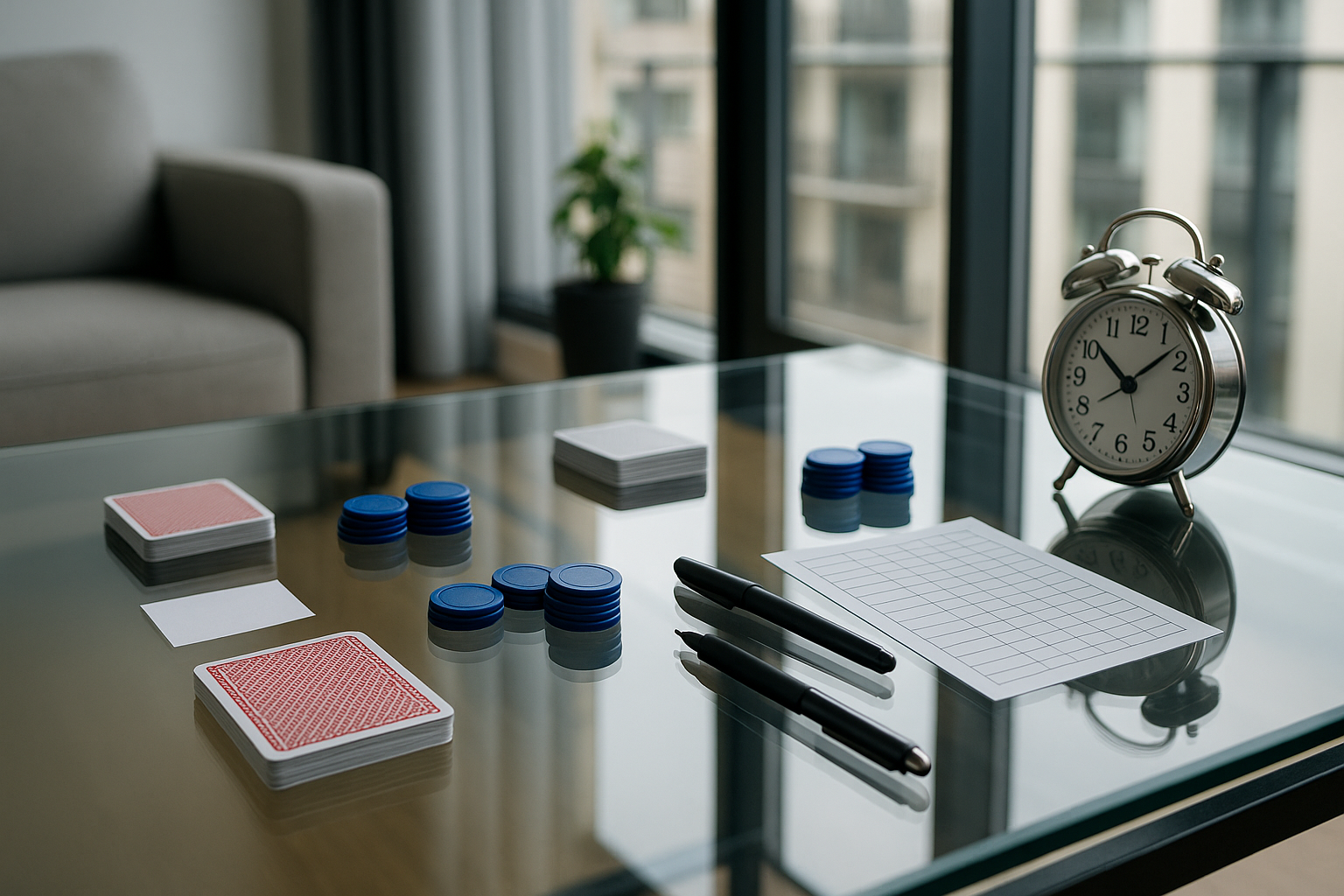 Glazen tafel met speelkaarten, pokerfiches, pennen en een scoreblad. Een wekker en een potplant staan op de achtergrond bij een raam.