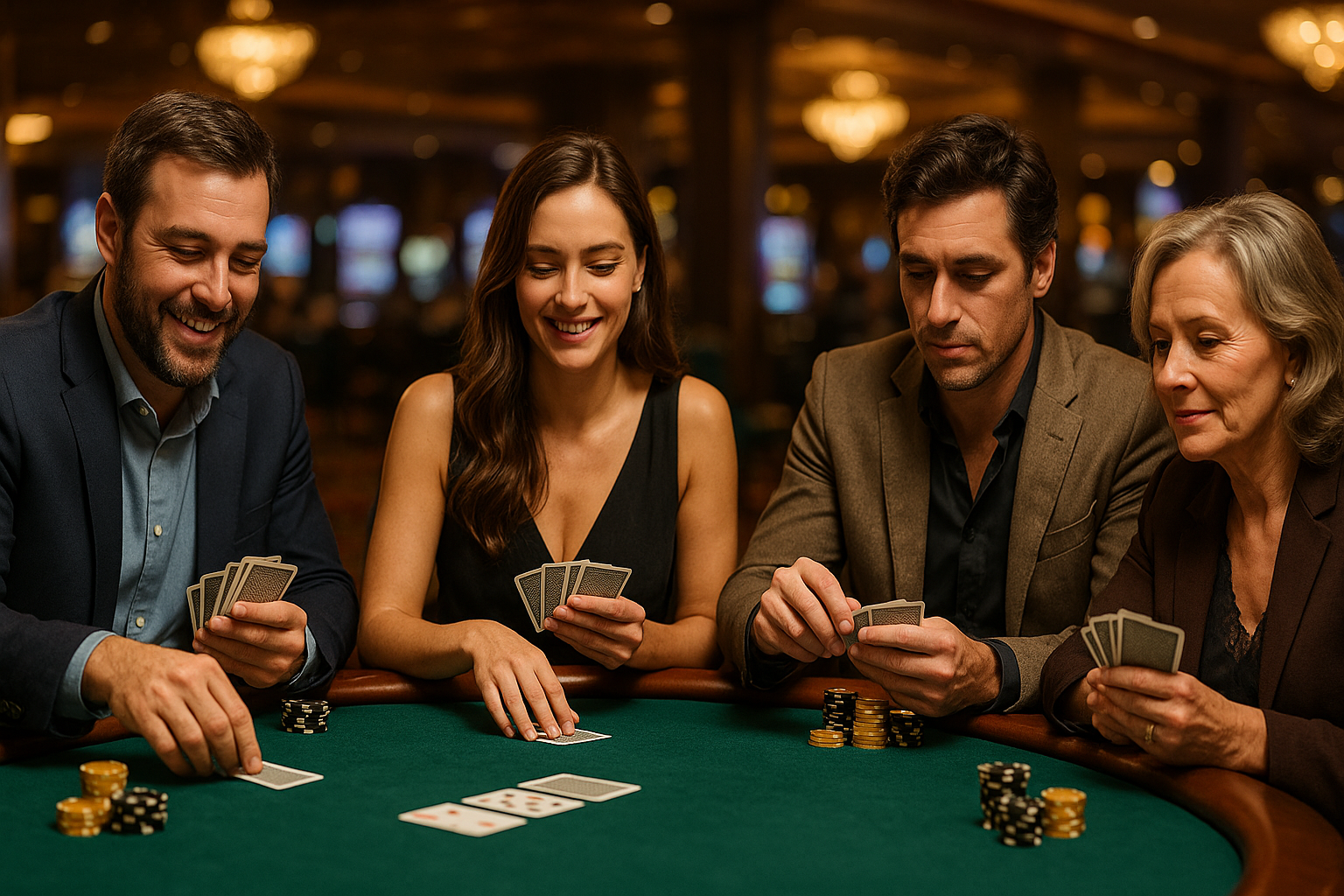 Four people playing poker at a casino table, focused on their cards, with poker chips stacked in front of them.