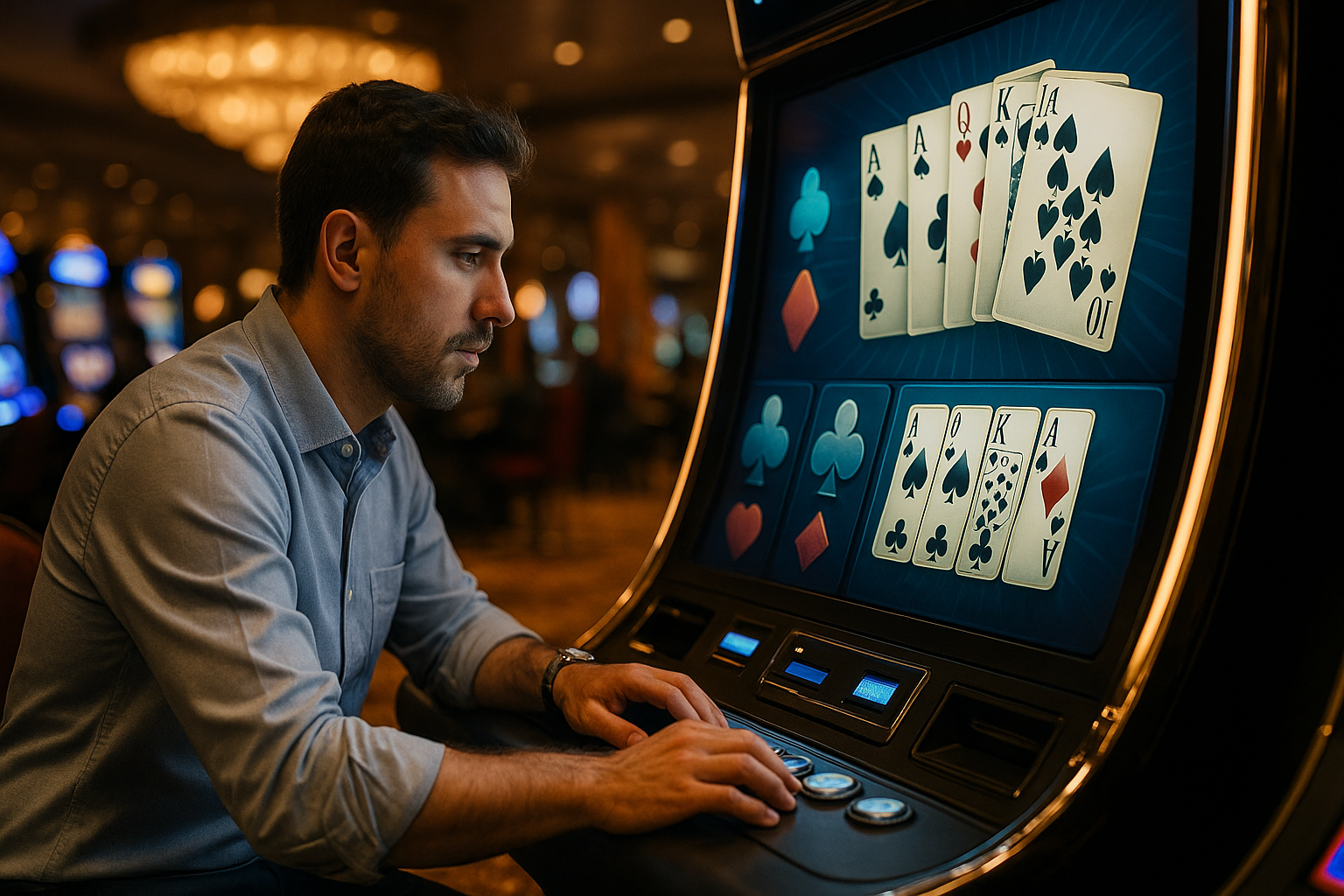 Man playing poker on a casino machine, focused on the screen displaying cards. Background shows dimly lit casino ambiance.