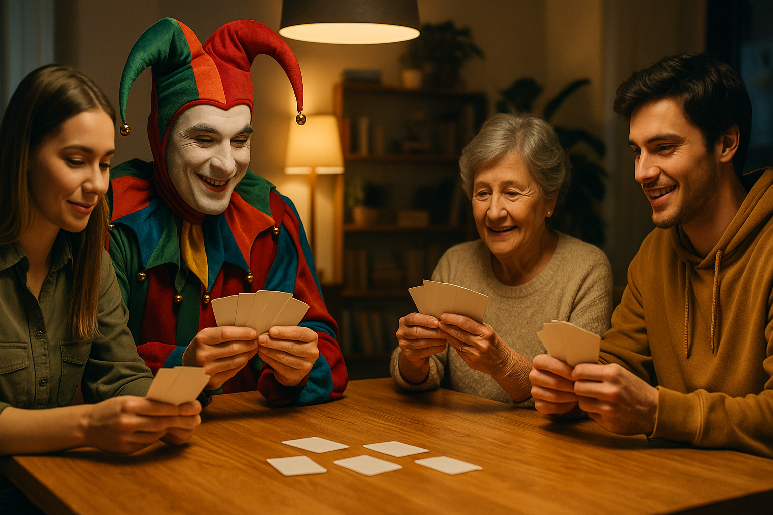 A group of four people, including a person in a jester costume, play cards around a wooden table in a warmly lit room.