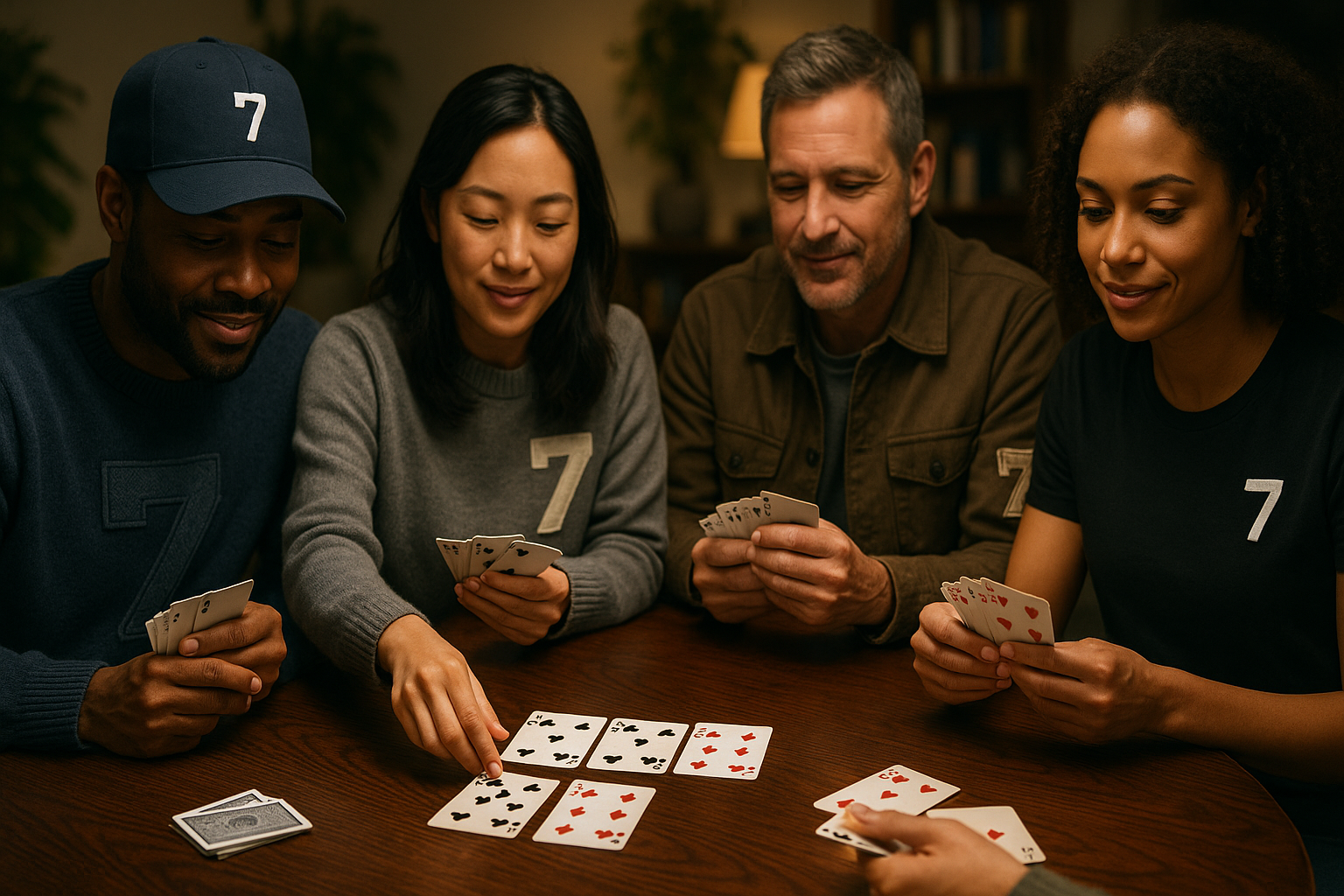 Four people playing cards around a table, smiling and focused. They are wearing casual clothing with the number 7 on them.