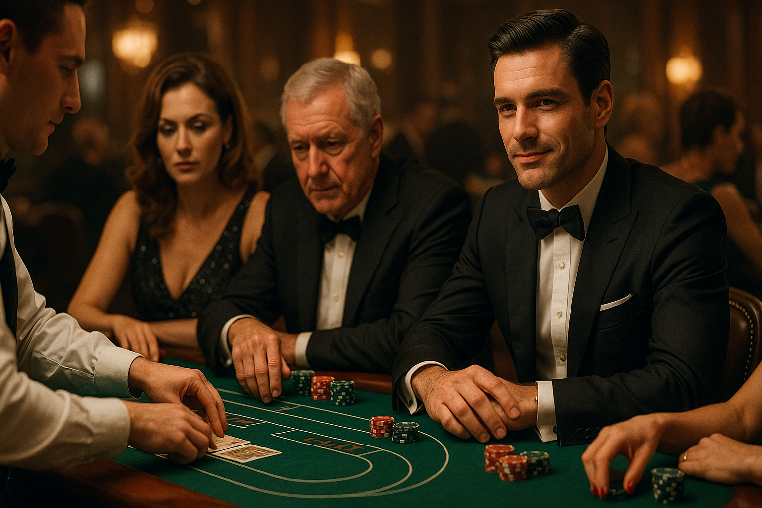 People in formal attire sit around a casino table with poker chips and cards, focused on the game.