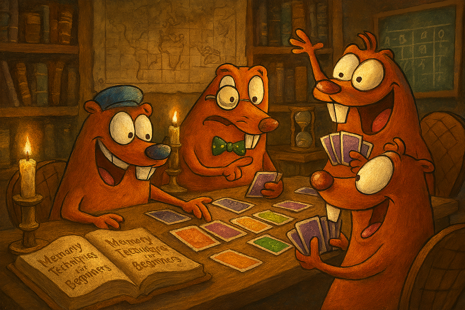 Bevers in Cartoon-stijl spelen een kaartspel bij kaarslicht