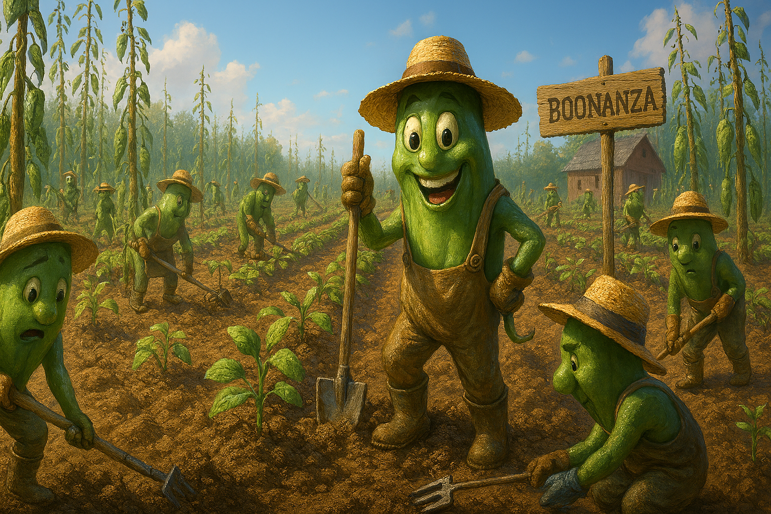 Groene bonen in overalls en hoeden bewerken een veld onder een blauwe hemel, met een “Boonanza”-bord en een schuur op de achtergrond.