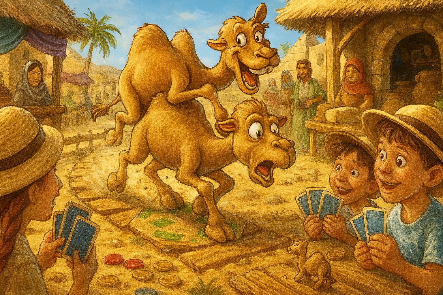 Twee speelse kamelen op een levendige markt, omringd door lachende kinderen die aan het kaarten zijn. Vlakbij ligt een klein kameelspeeltje.