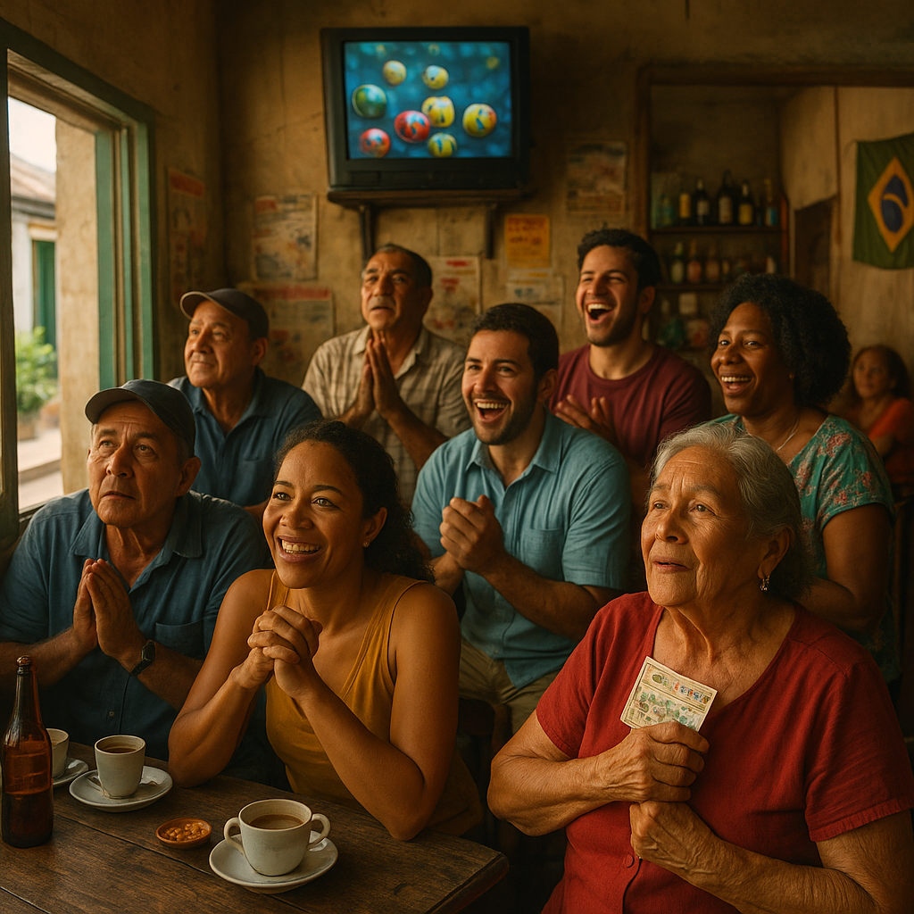 A group of people in a cozy room eagerly watch a lottery draw on TV, displaying anticipation and joy. Cups and a beer bottle are on the table.